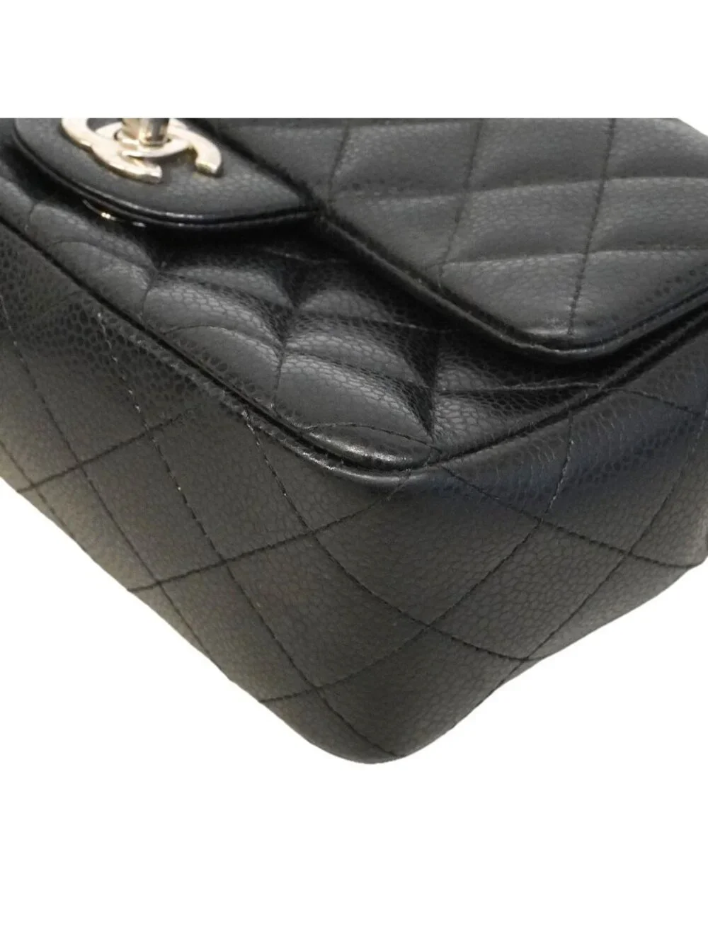 Chanel Shoulder Bag Mini Quilted Caviar Leather Black Silver